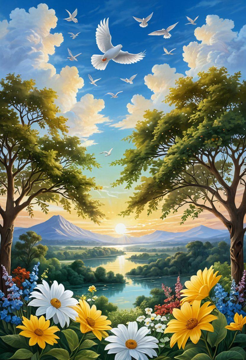 A serene landscape featuring a protective dove and open sky symbolizing hope, intertwined with imagery of insurance documents and a subtle cross in the background. Incorporate elements of family unity and financial security in a warm and inviting color palette. super-realistic. vibrant colors. soft focus.