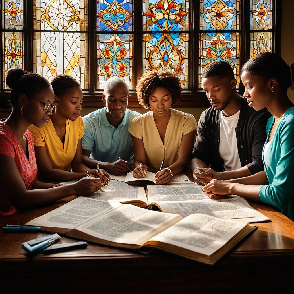 A serene scene depicting a diverse group of people gathered around a large open Bible, exploring insurance documents with pen and paper, sunlight streaming through stained glass windows, symbolizing faith and guidance. Include subtle illustrations of various insurance icons like home, auto, and health in the background. The atmosphere should feel hopeful and collaborative. soft lighting. vibrant colors. painting.