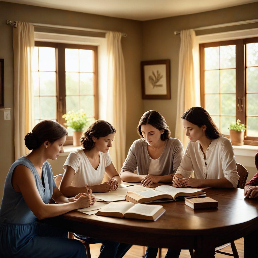 A serene home environment featuring a family gathered around a table discussing their insurance options, with an open Bible and a warm light illuminating the scene. Symbolic depictions of faith elements like a cross and a heart subtly integrated into the background, creating a comforting atmosphere. Super-realistic. Warm colors. Soft focus.